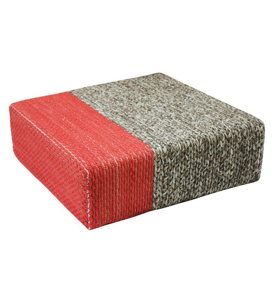Ira - Handmade Wool Braided Square Pouf | Natural/Living Coral | 90x90x30cm - GFURN