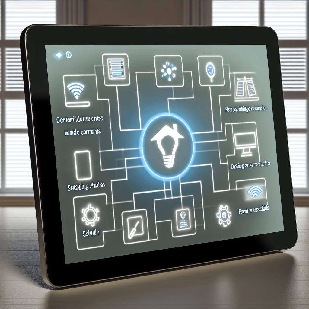 An image of the Somfy Tahoma Smart Home Control system for window coverings, showcasing centralized control, voice activation, custom schedules, energ